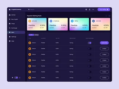CryptoCurrency Banking | Earnings page admin panel banking blockchain cards crypto currency dashboard investments table tracking ui ui trends ux ui web application