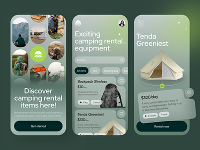 App Design Exploration for Camping Equipment android app blurry branding camping card clean design equipment glass effect gradient green illustration ios layout rental thumbnail typography ui ux