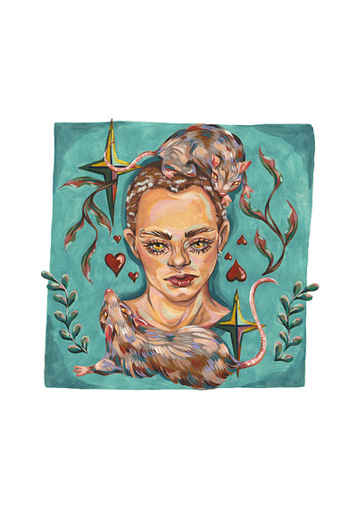 Dystopia animals blue character contemporary art editorial foliage future gouache hearts illustration jewellery moody painting plants portrait rats rodents stars traditional art watercolour paper