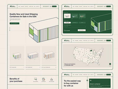Home Page Layout | Shipping & Storage containers E-commerce animation beige benefits buy container concept dailyui design ecommerce green home page illustration inspiration landing page layout main screen map menu shipping storage containers ui website design
