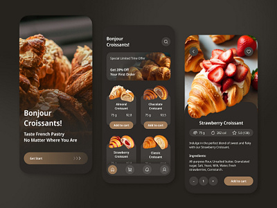 Online Bakery Shop — Bonjour Croissants! app bakery croissant delivery e commerce food interface mobile app sweet ui