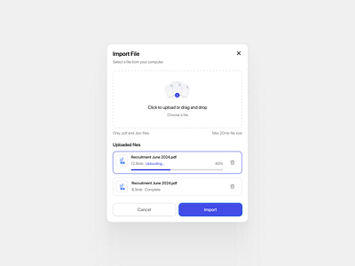 Modal - Import File blue card clean component design employee export file hr dashboard import modal modern pdf product design ui ui design website design white