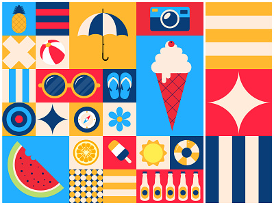 Summer Essentials camera design designerachit digital art editorial flat art flip flop geometric graphic design ice cream icons illustration lemon pineapple summer summer art summer palette umbrella vector illustration watermelon