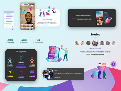 Social Media UI Components 3d app cards cartoon community corporate figma gradient homepage html illustration landing page mobile apps network single page social media ui ux web design website