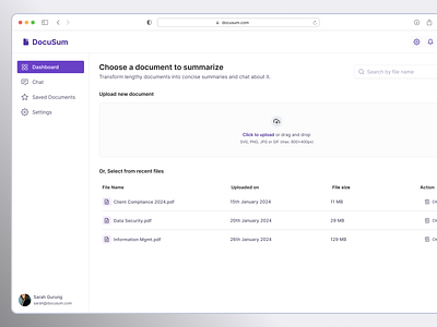 DocuSum - Document Summarizer Chatbot ai ai chatbot branding chatbot chatgpt dashboard design inspiration document file logo ml multiple saas saas product summarizer ui design ui inspiration upload user profile ux design