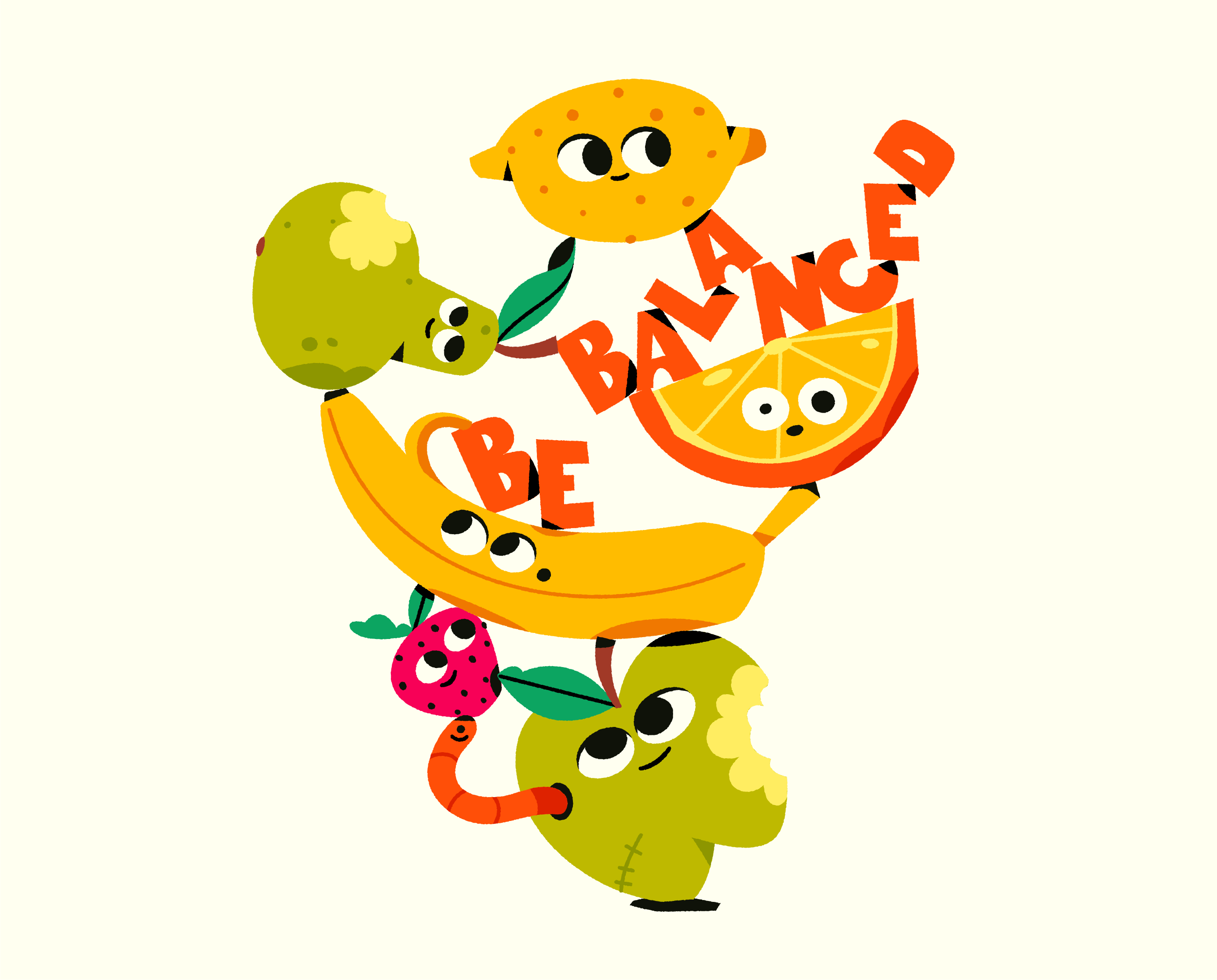 Be Balanced apple art banana cartoon character character design design faces fresh fruit funny health illustration vector