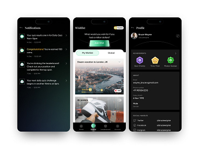 Concept quiz app screens | Notification | Wishlist | Profile achievements app design card design coins dark theme design notification product design profile quiz quiz app ui user interface ux wishlist