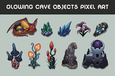 Glowing Cave Objects Pixel Art Asset Pack 2d art asset assets cave fantasy game game assets gamedev illustration indie indie game mmorpg object pixel pixelart rpg top down topdown ui