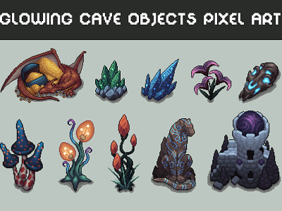 Glowing Cave Objects Pixel Art Asset Pack 2d art asset assets cave fantasy game game assets gamedev illustration indie indie game mmorpg object pixel pixelart rpg top down topdown ui