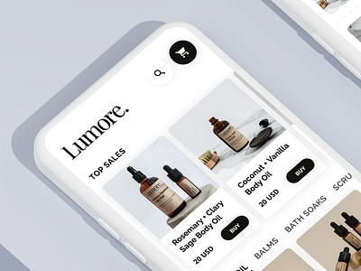 Lumore - Cosmetics brand app application beauty brand care catalog cosmetics design e commerce face hair modern shop shopping card ui ux