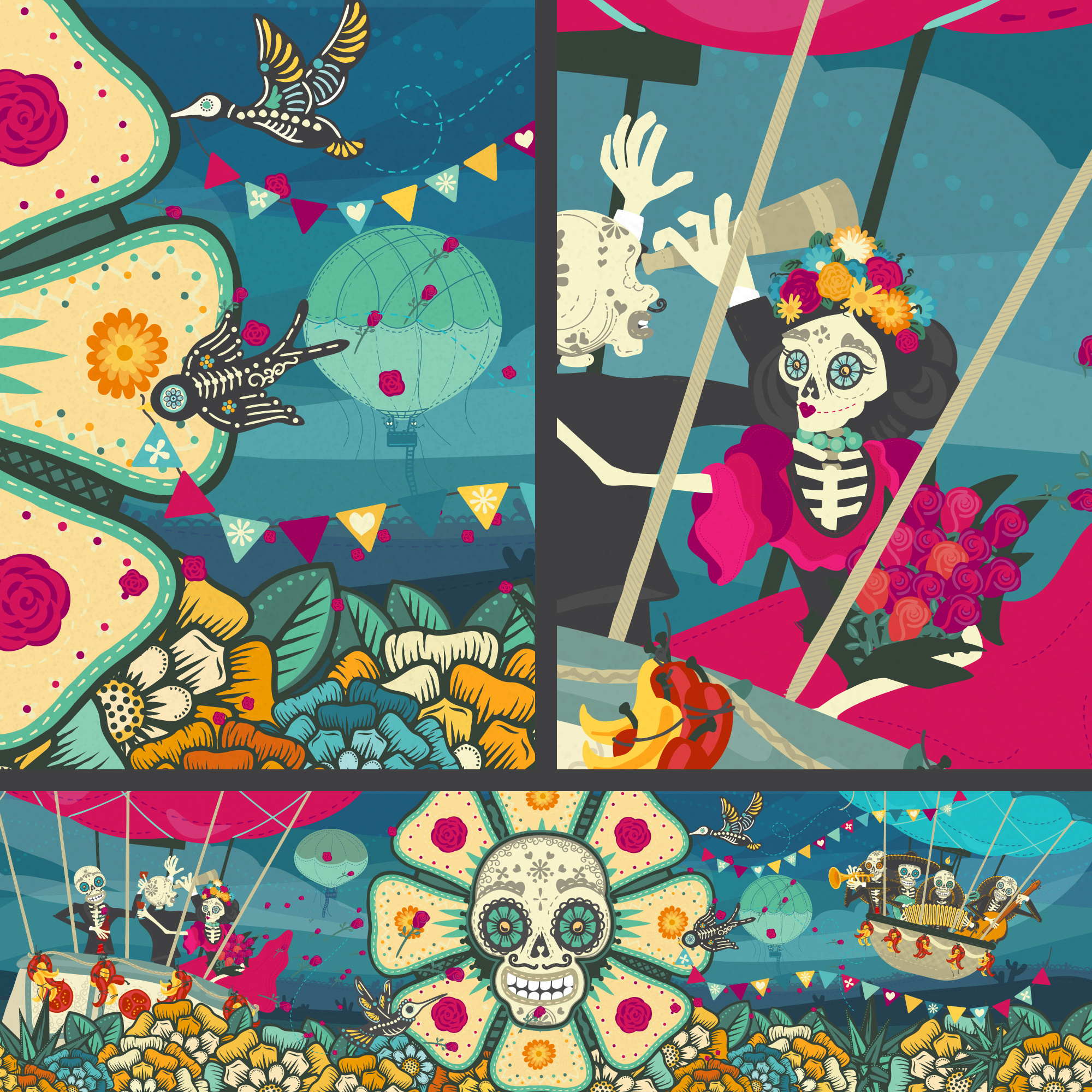 El Pato Loco branding. Mural 2 design diademuertos flowers hot air ballon illustration mexicanfood mural mural art vector