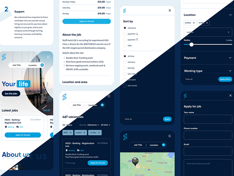 UI Mobile for REC Source blue business dark mode design filters hero interface job portal light mode mobile search sorting subpages truck driver ui ui kit uk ux website white