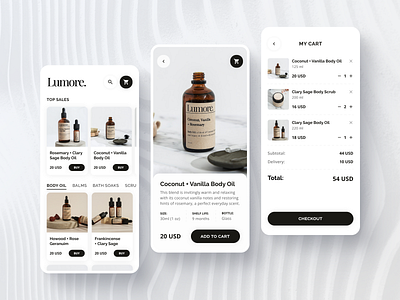 Lumore | Cosmetics brand app application brand care catalog cosmetics design face fashion modern shopping summary ui ux