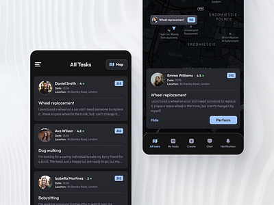 Mobile app for a startup app application dark delegate design help list map mobile modern startup task to do ui ux