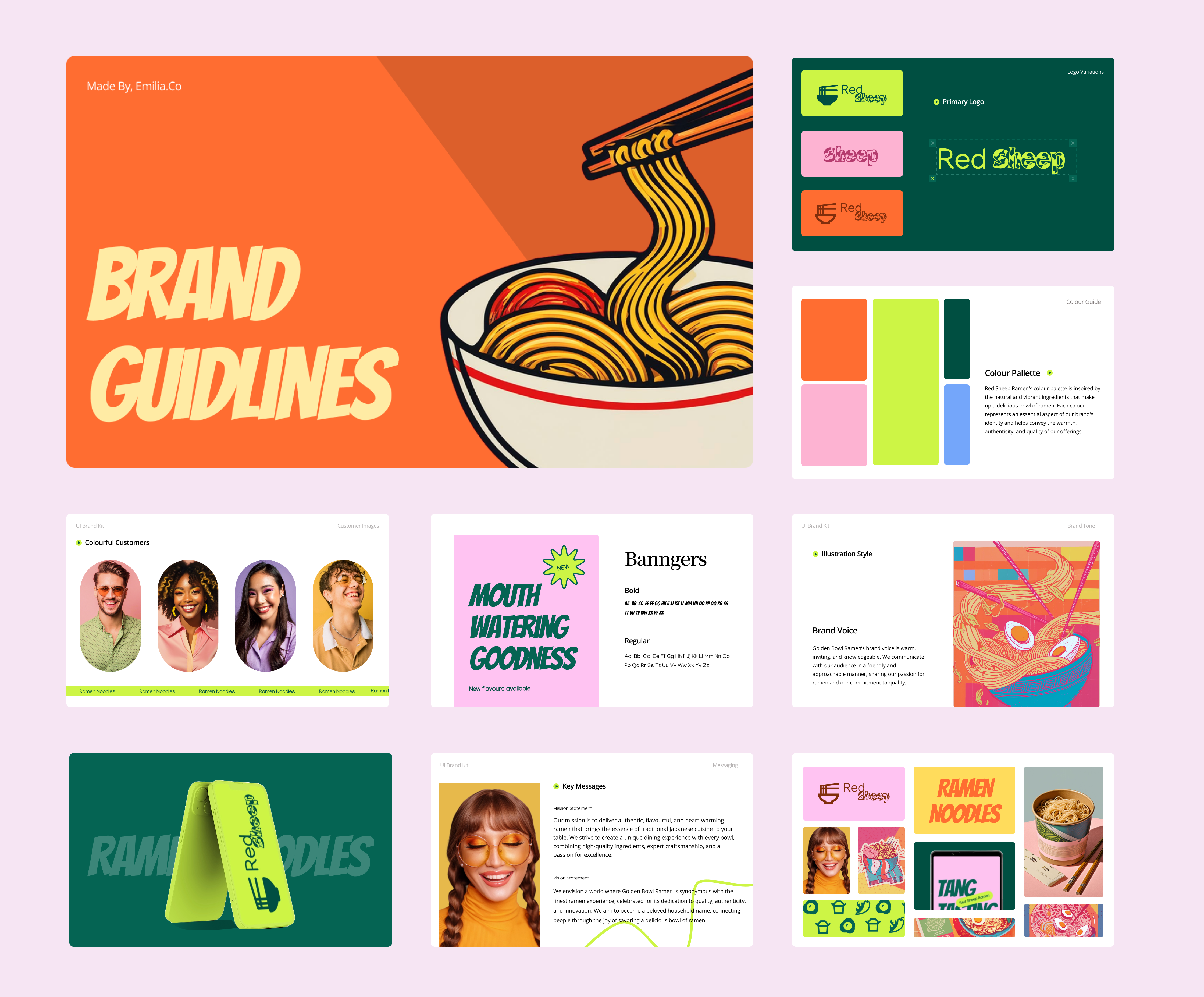 Brand Guidelines Template | Figma File brand guidlines branding bright brand colouful colouful branding figma food brand guidlines logo ramen brand style sheet template