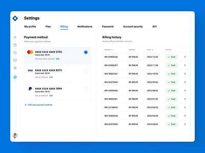 Web application - settings admin app billing crm design manage method panel payment select settings system table ui ux web