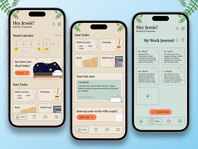 Mental Health App - Main First alive android app cozy graphic design home menu illustration ios mental health mental health app minimal minimalistic mobile mobile app modern notes simple sleep tracker uiux warm