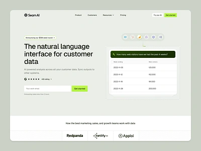 Seam - Homepage ai landing page ai saas website ai website data landing page data website homepage landing page light website saas landing page saas lp saas product page saas website seam ai semiflat web design website design