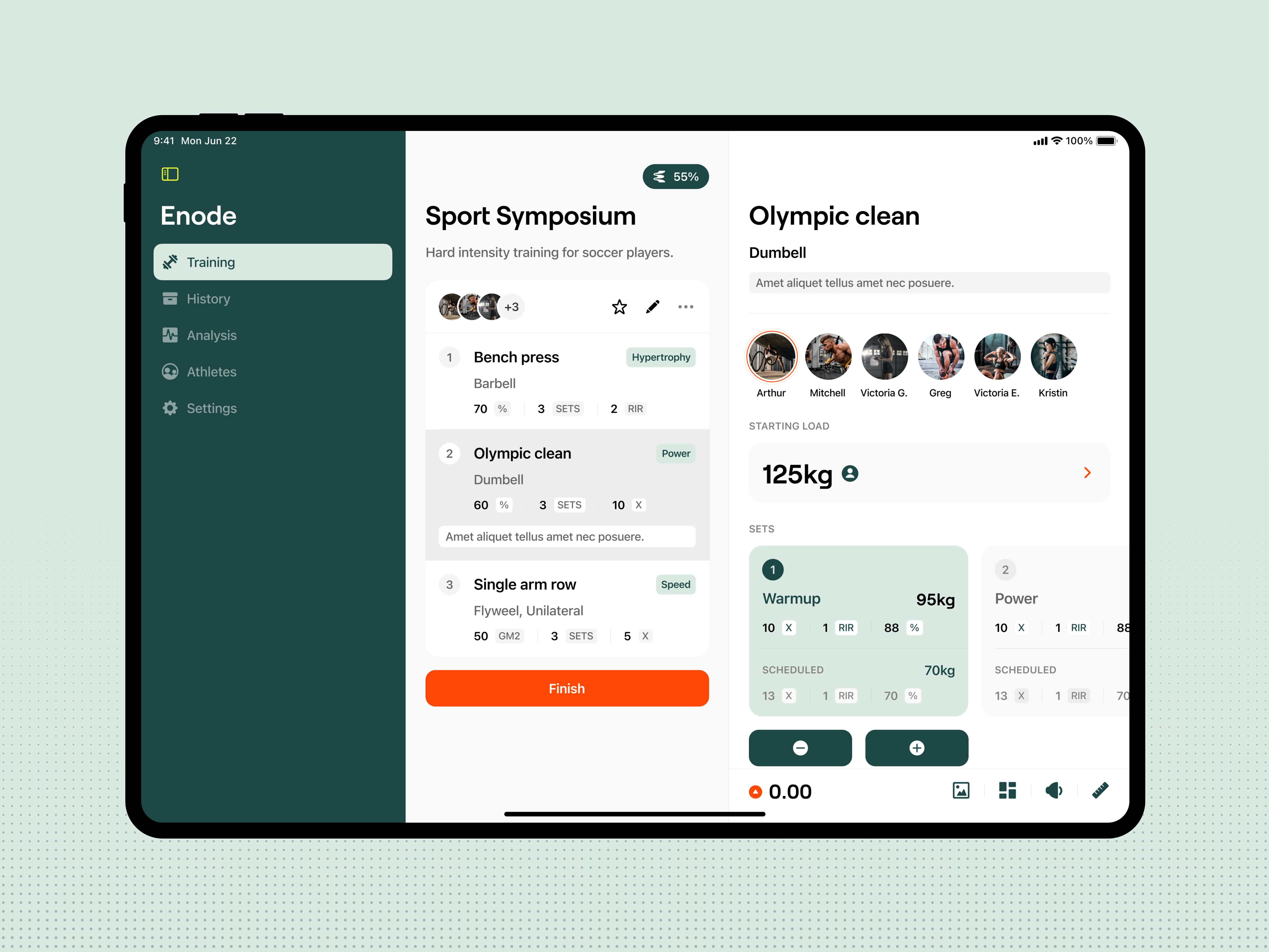 Enode – Tablet screens app brand brand strategy branding colors design exercise fitness gym ios mockups product product design tablet training typography ui ux visual identity workout