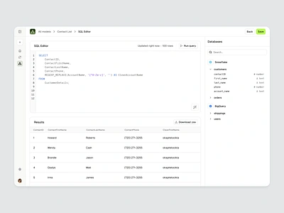 SQL editor bigquery code code editor data analysis data analytics data sources data stack developer app developer saas modern data stack product design saas table seam ai semiflat snowflake sql sql editor sql saas sql terminal ui