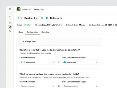 Data source sync configuration data data analytics data connection data interface data saas data settings data sources llm product design saas modal saas settings schedule seam ai semiflat ui web app