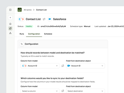 Data source sync configuration data data analytics data connection data interface data saas data settings data sources llm product design saas modal saas settings schedule seam ai semiflat ui web app