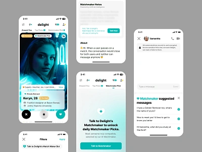 AI for dating. Matchmaker Pick. Relationship Delight app ai ai for dating dating datingapp find ios love match matching matchmaker meet messenger app minimal mobile mobile app partner person recommend relationship ui