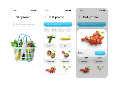 Get promotion | Activate coupon | Search store | Mobile App cart discount screen eccomerce get discount get promo get promotion pick store search store shopping cart ui screen user interface