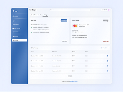 Billings Page billings dashboard design plans saas settings ui ux web