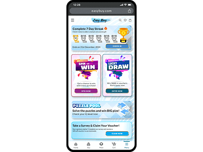 Game Zone : Daily Streaks, Quiz & Puzzles customer engagement digital voucher fun gamechallenge gamezone gamification giftvoucher illustration luckydraw mobilegaming playearn playnow puzzle spinnwin trivia ui virtualadventures vouchermatic