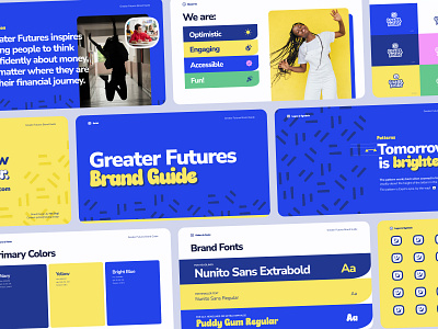 Brand Guide - Greater Futures blue brand brand fonts brand guide brand guidelines brand standards branding bright colorful finance fun kids patterns quirky retro schools teenagers teens yellow youthful