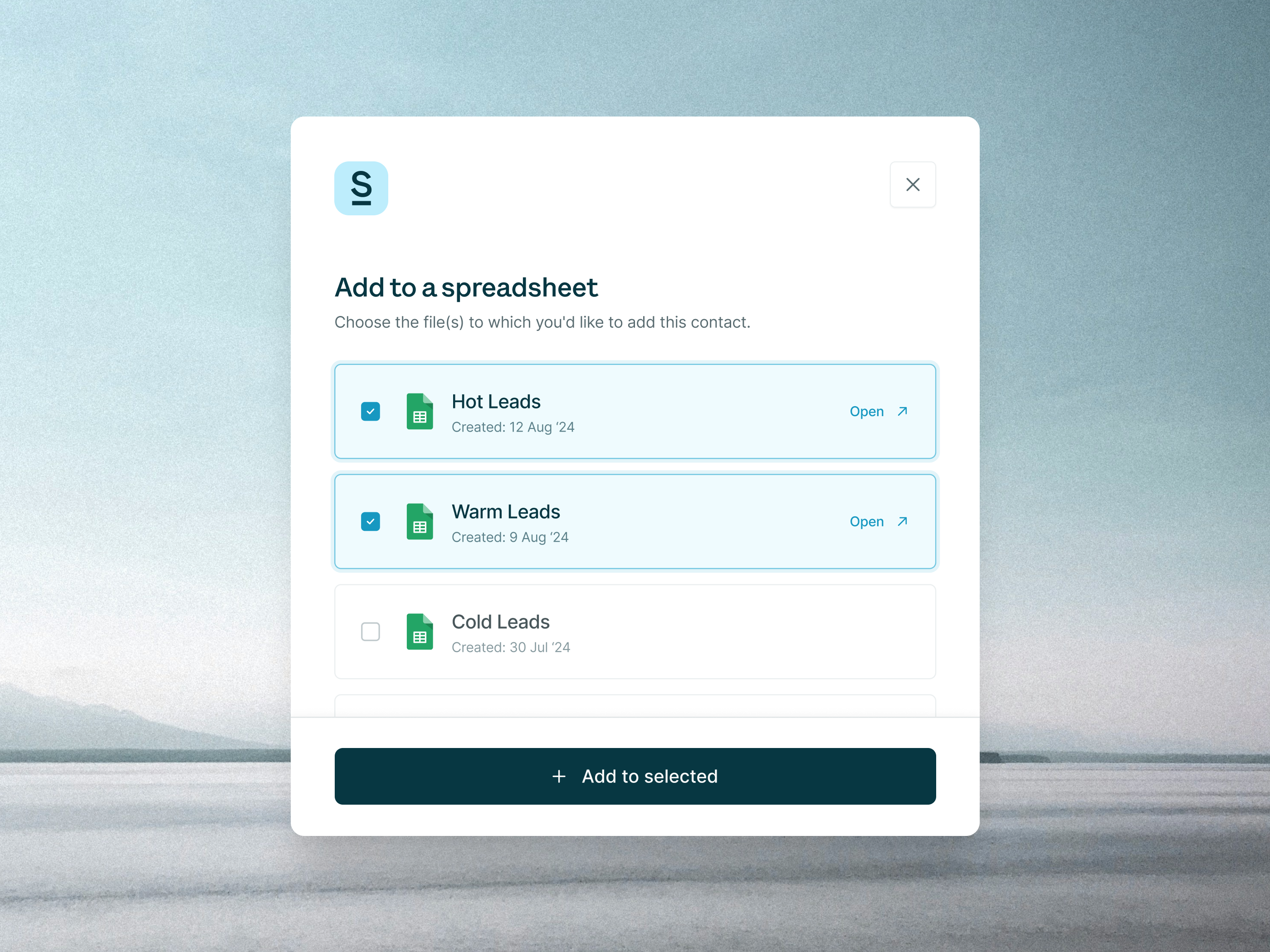 Add to a spreadsheet | Surfe app design b2b crm dashboard google sheets saas spreadhseet ui uidesign