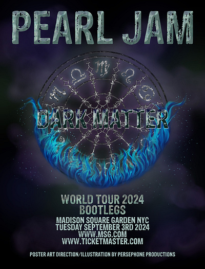 Pearl Jam Event Poster, Sept 2024 Madison Square Garden blue flames branding concert dark matter digital art event poster gig poster graphic art graphic design illustration outer space pearl jam rock music zodiac