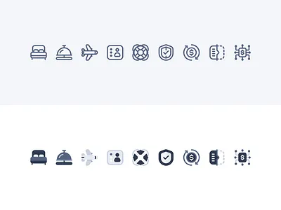 HTS FAQ Partner Icons flight help hopper hotel icon iconography illustration outline protection solid support travel