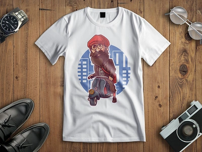 Old Man Vespa Cartoon Character artwork brand character design cartoon character design cover book digital art digital illustration game character graphic design hand drawn logo old man character portrait design print design sticker design t shirt design