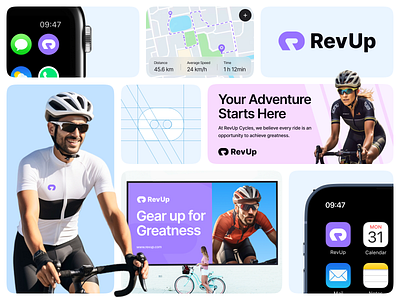 RevUp Branding adventure app bike branding clean cycle cyclist electric exercise logo logo identity mark mobile mountain r logo riding startup tracking ui ux