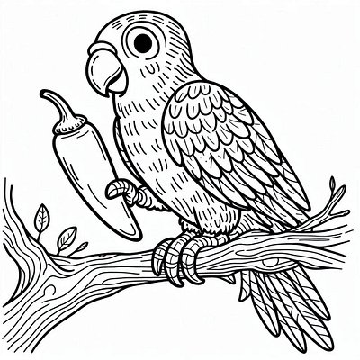 Black and white image of a parrot holding chilli branding design graphic design illustartion ui vector
