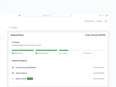 Shipment Tracking Dashboard admin dashboard ecommerce in progress shipment status tracking ui