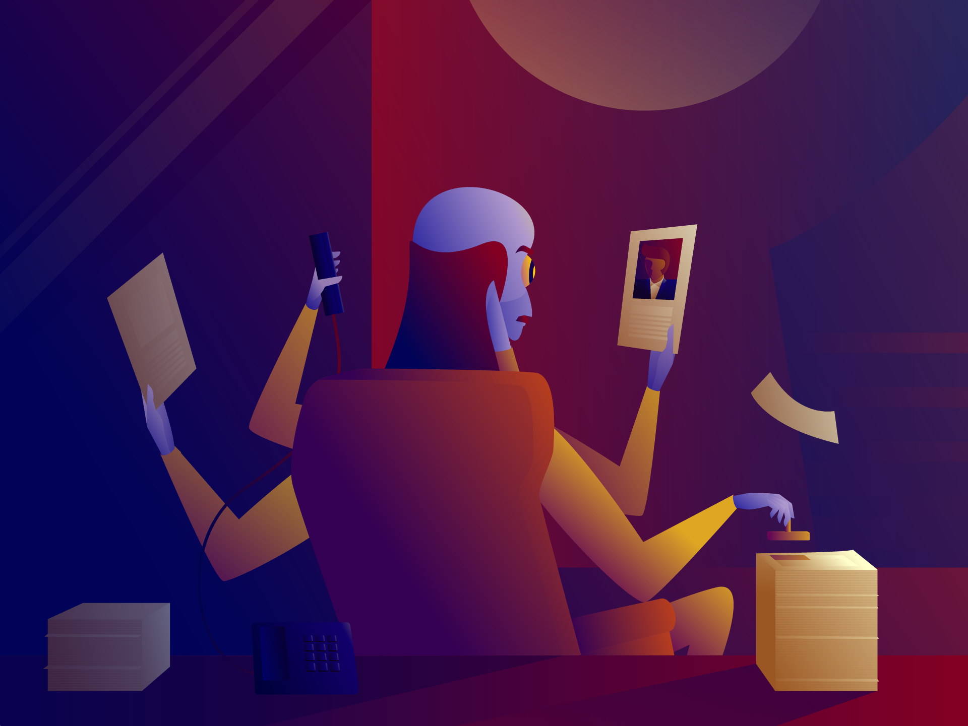 Robots among us. 4 chair city document hand illustration moon office robot shiva stamp table window