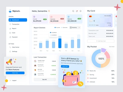 Signum - Finance Report Dashboard Saas Web App analytic bank card chart clean clean ui dashboard finance fintech illustration minimalist money orenji payment product design saas transaction ui uiux web app