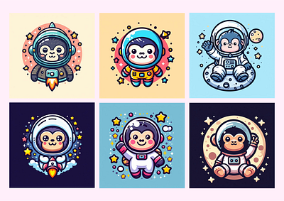 set gorilla astronaut animation branding cartoon cute design illustration kawaii tshirt