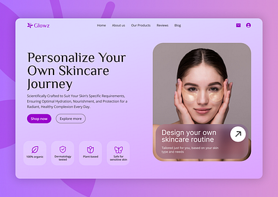 Glowz: ModernSkincare Website Landing Page Design beauty clean and creative dailyuichallenge design community designdaily dribbble figma hero page homepage landing page modern purple shop skincare website sleek uiux user centered user interface visual design web design