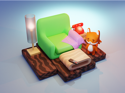 3D illustration created in Blender 3d blender character cloth cute fox illustration lamp red render sofa stylized table telephone