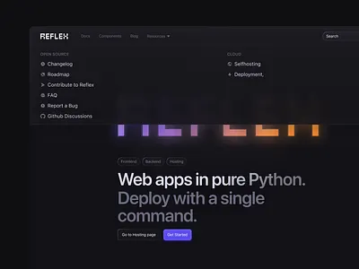 Reflex.dev Redesign clean code dark dark mode dark ui design dev interface menu minimal naviagtion product saas tech ui ui design ux ux design web web design