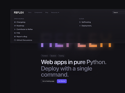 Reflex.dev Redesign clean code dark dark mode dark ui design dev interface menu minimal naviagtion product saas tech ui ui design ux ux design web web design