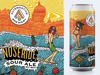 Noseride beer label branding coconut craft beer dude graphic design illustration label logo noseride packaging pineapple punk rock sour ale summer summer vibe surfer surfing waves