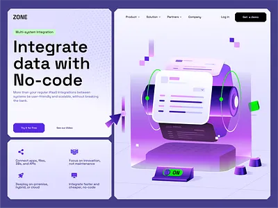 Zone- Integrate Data With No-code concept data design dimetric futuristic graphic design illustration isometric lime no code purple typography ui