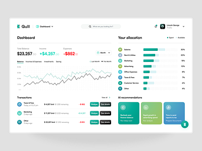 Quill | Finanical Manager ai dashboard data visualization finance gray bg green icons lists logo management navigation profile saas search tracking transactions ui ui ux