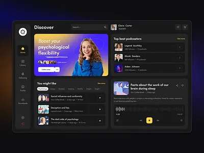 Voice Vault - podcast dashboard design app design dark theme dashboard design interface library music navigation platform player podcast saas ui ux web yellow