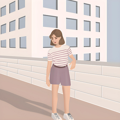 Afternoon glow and a runner's flow🏃🏻‍♀️ afternoon art branding building design digital art digital illustration girl graphic design illustration jogging procreate run running shadows shirt shirts short hair woman